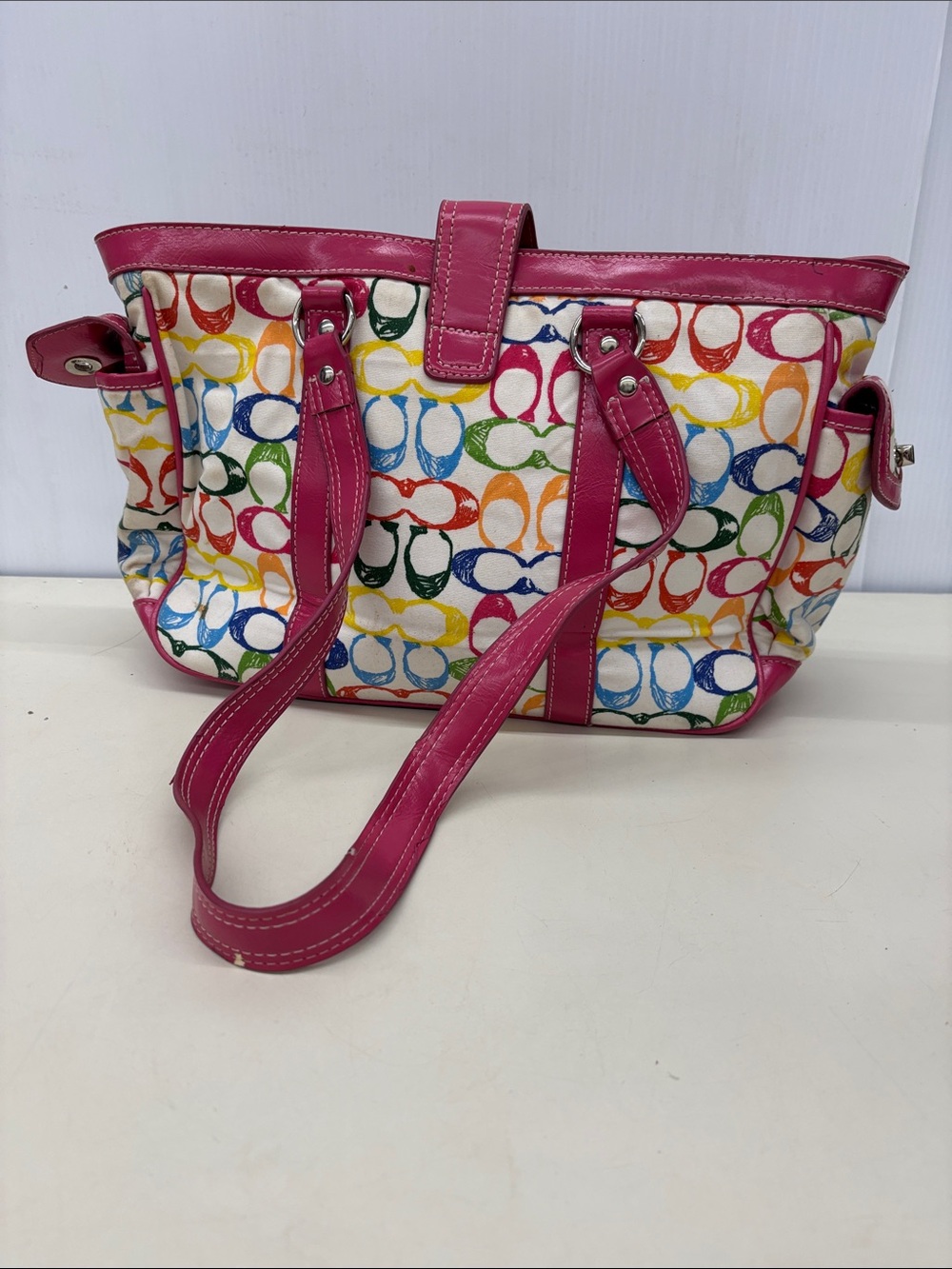 Coach Multicolor Signature Tote with Pink Trim